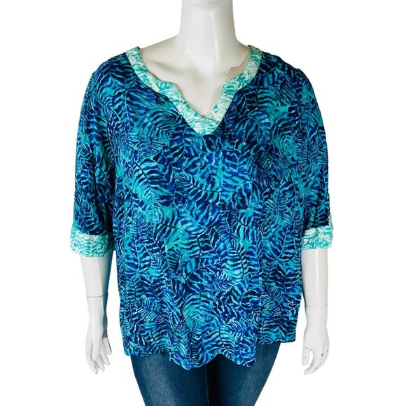 Catherines Tops - Catherines Womans Sz 2XWP Petite Blouse V Neck Blue Green Floral Short Sleeve
